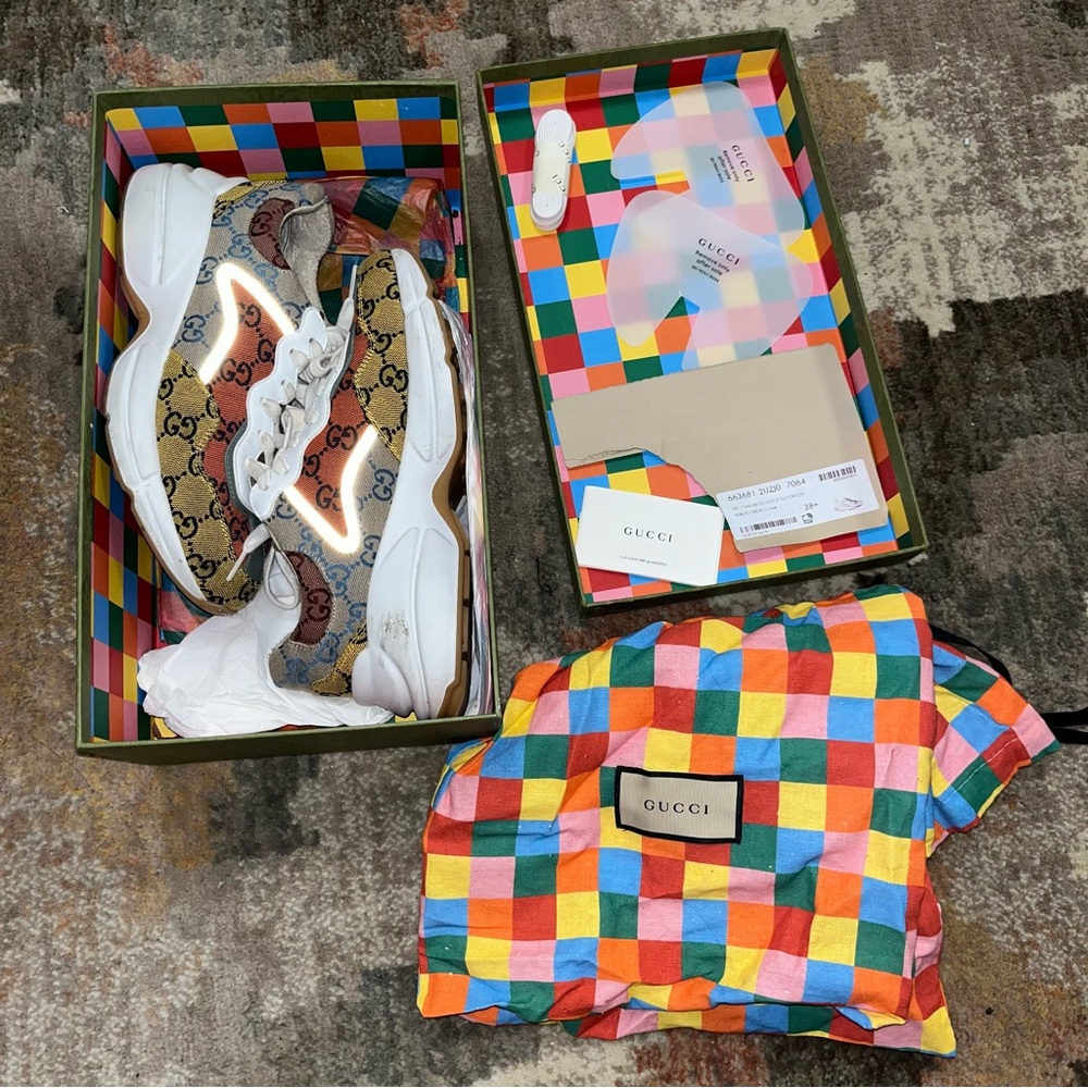 Gucci Rhyton GG Logo Multi Orange Yellow Blue Red Authentic Sneakers With Box - Picture 13 of 16